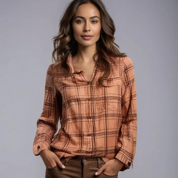 Free People No Limits 100% Linen Plaid Buttondown‎ Shirt Size Small - Picture 1 of 4